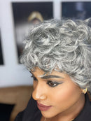 Peruca Curta Pixie  Cabelo Humano ,Grisalha ondulado COR51